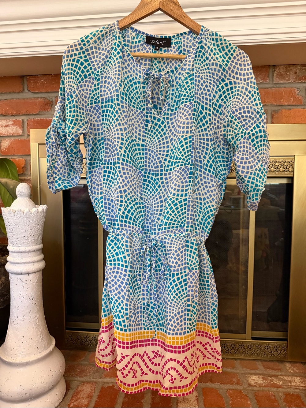 Tolani Blue Mosaic Print Dress | Boho Silk Blend Mini Dress | Women’s Small